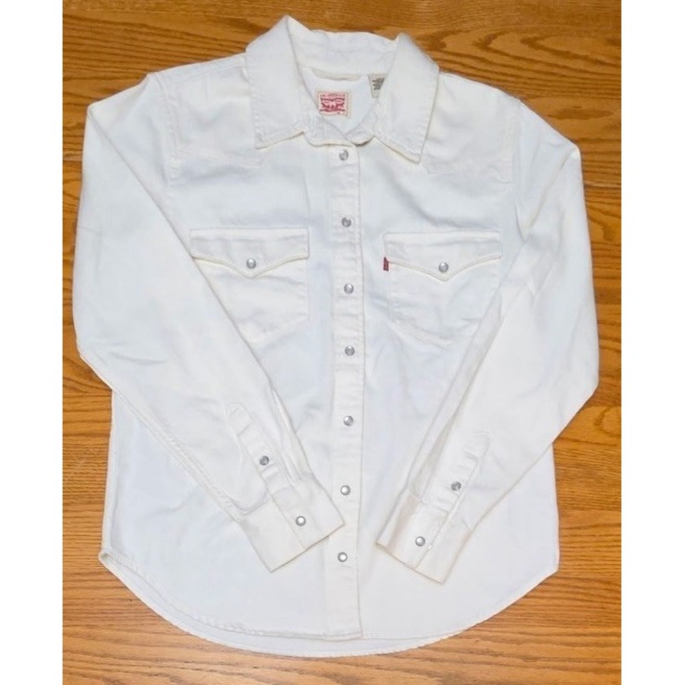 Levi's Western Shirt Women's M White Denim Pearl Snap Classic Cowgirl Rodeo